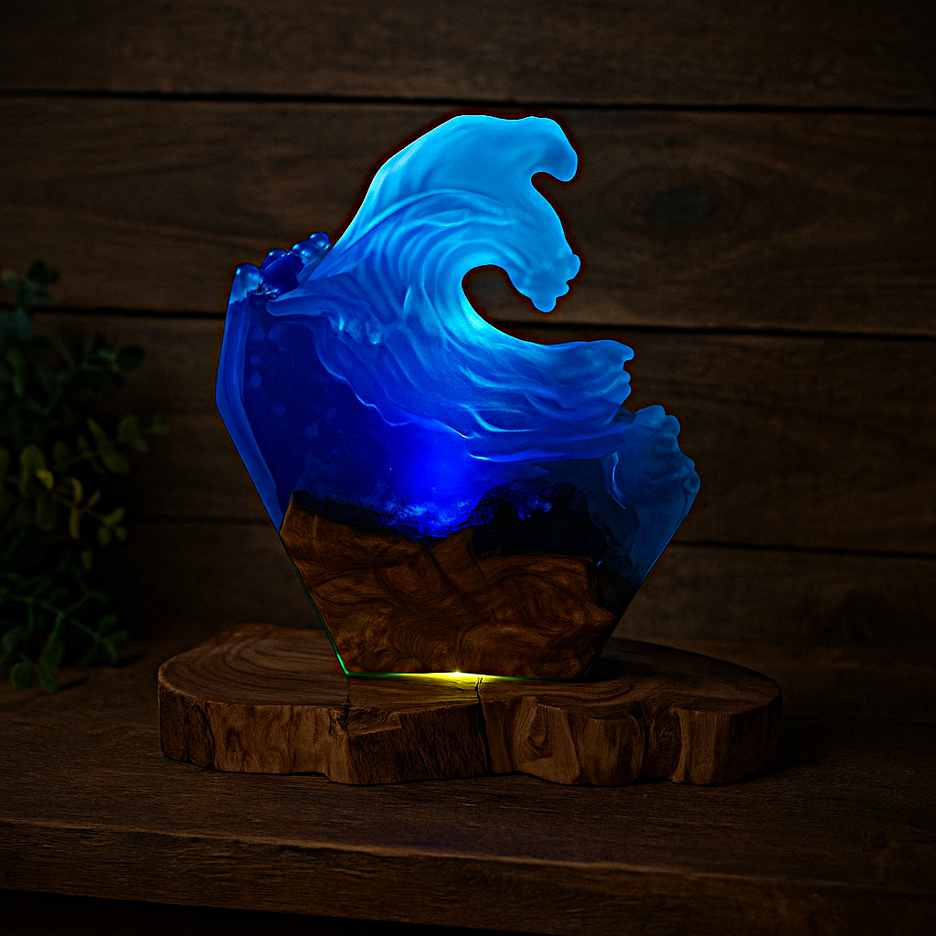 Epoxy resin wave lamp with olive wood design night light ocean look handmade unique piece