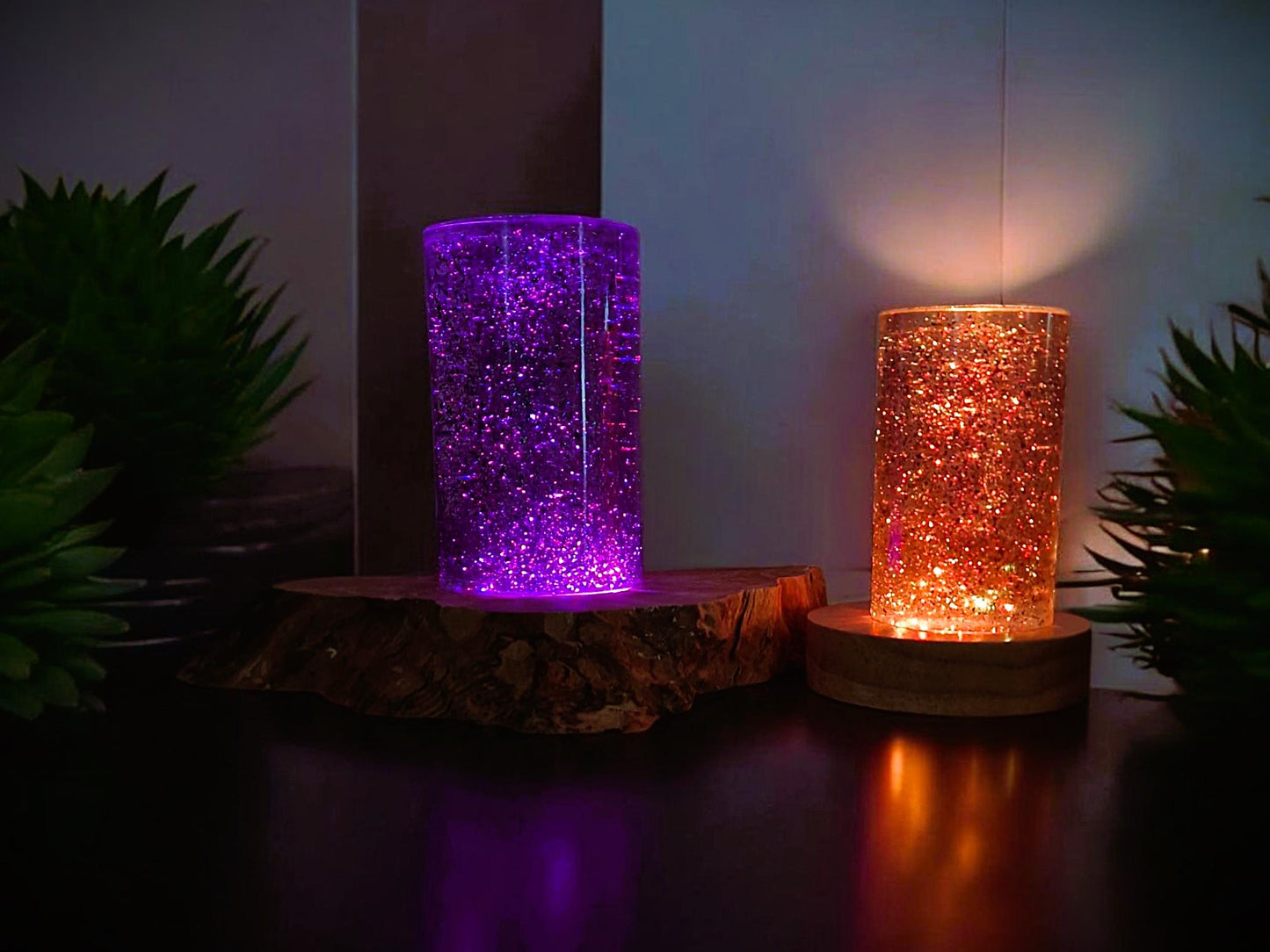 Epoxy resin table lamp with chameleon flakes & RGB LED
