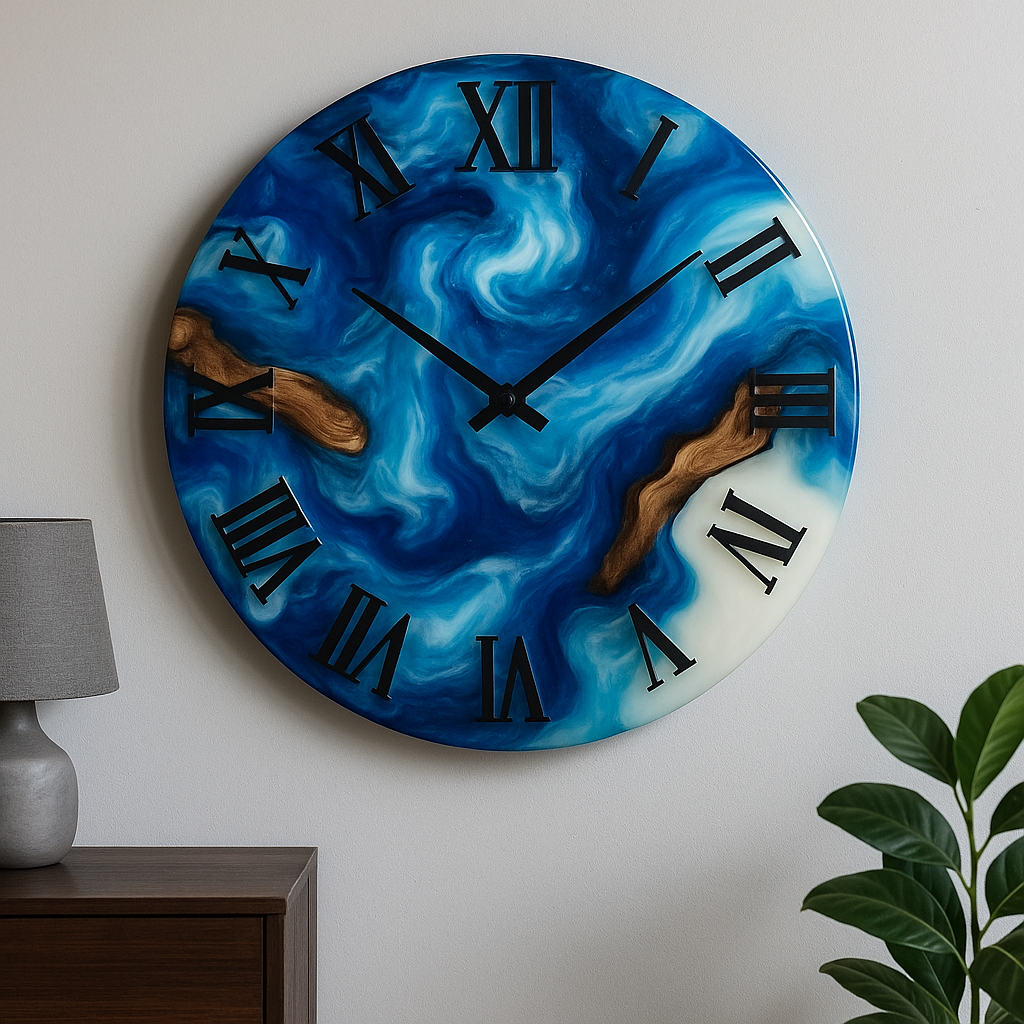 Epoxy resin wall clock – Handmade design made of wood, resin &amp; moss | Customizable in your desired color &amp; shape