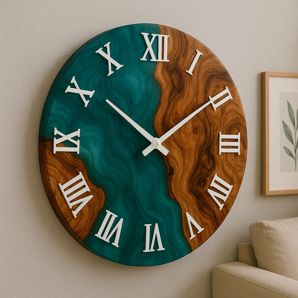Epoxy resin wall clock – Handmade design made of wood, resin &amp; moss | Customizable in your desired color &amp; shape
