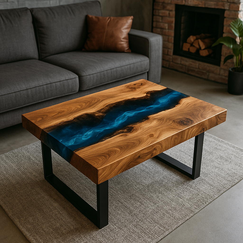 Epoxy resin rectangular coffee table – River Table design, solid wood &amp; resin, handcrafted to measure, modern unique piece for living room