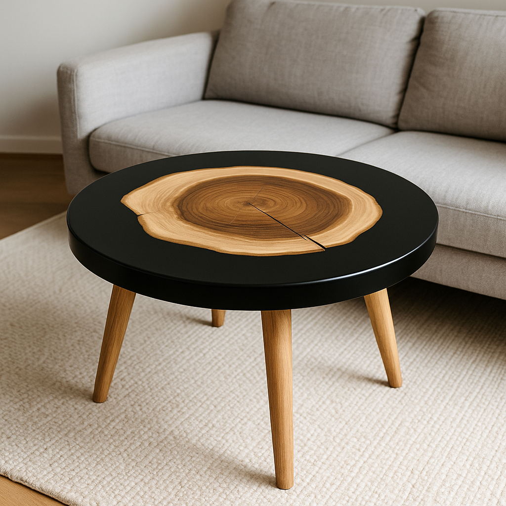Round epoxy resin coffee table – unique piece with solid wood &amp; resin, handcrafted to measure, designer living room table, round resin table