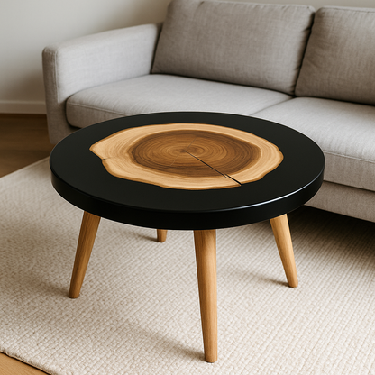 Round epoxy resin coffee table – unique piece with solid wood &amp; resin, handcrafted to measure, designer living room table, round resin table