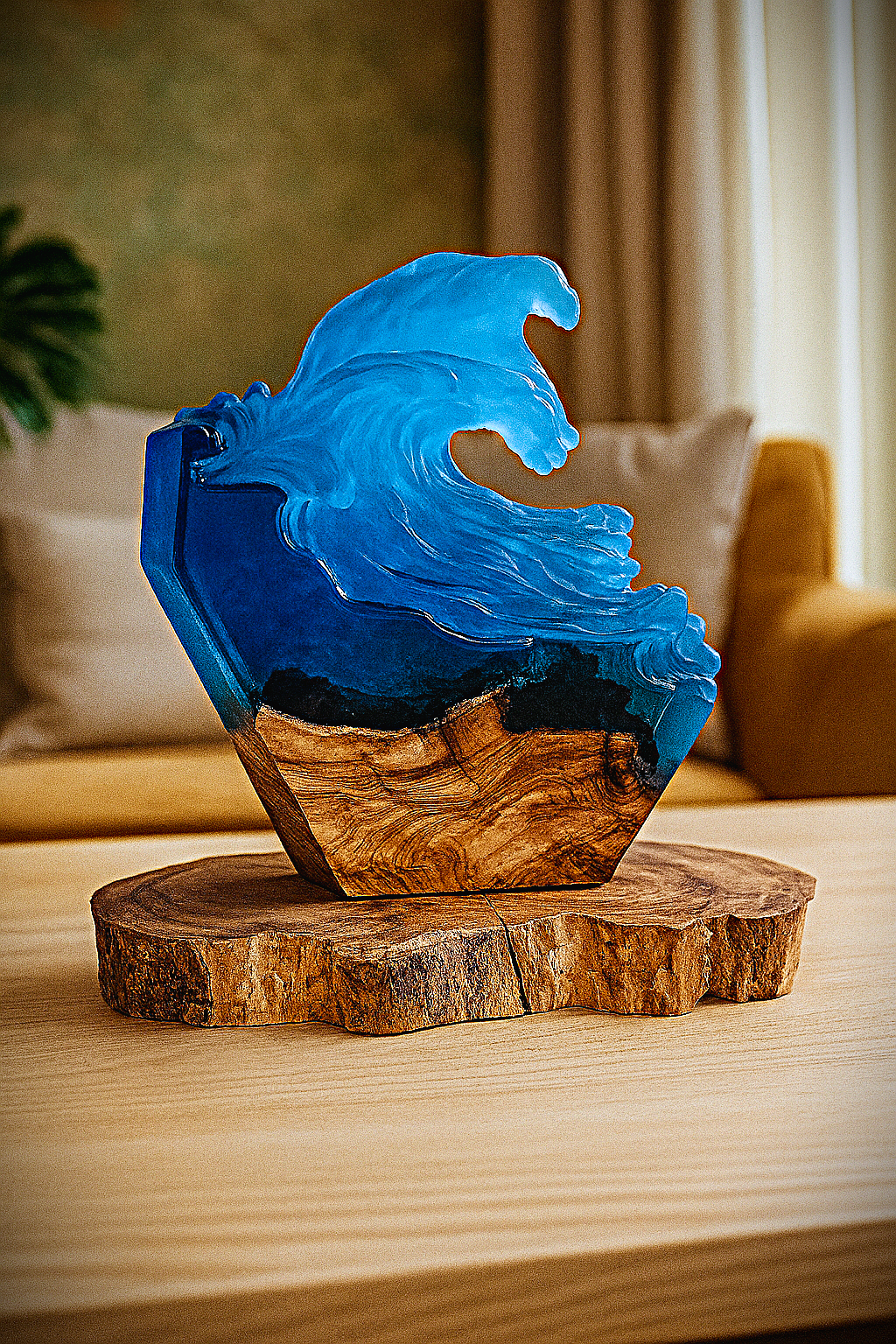 Epoxy resin wave lamp with olive wood design night light ocean look handmade unique piece