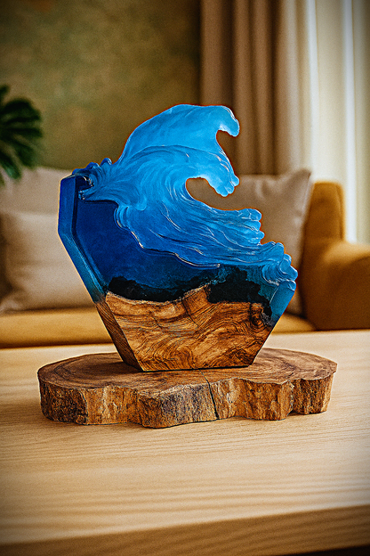 Epoxy resin wave lamp with olive wood design night light ocean look handmade unique piece
