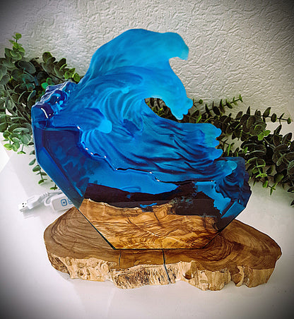Epoxy resin wave lamp with olive wood design night light ocean look handmade unique piece