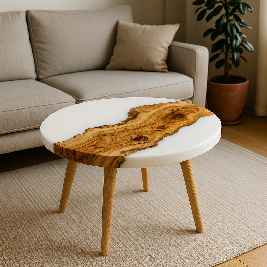 Round epoxy resin coffee table – unique piece with solid wood &amp; resin, handcrafted to measure, designer living room table, round resin table