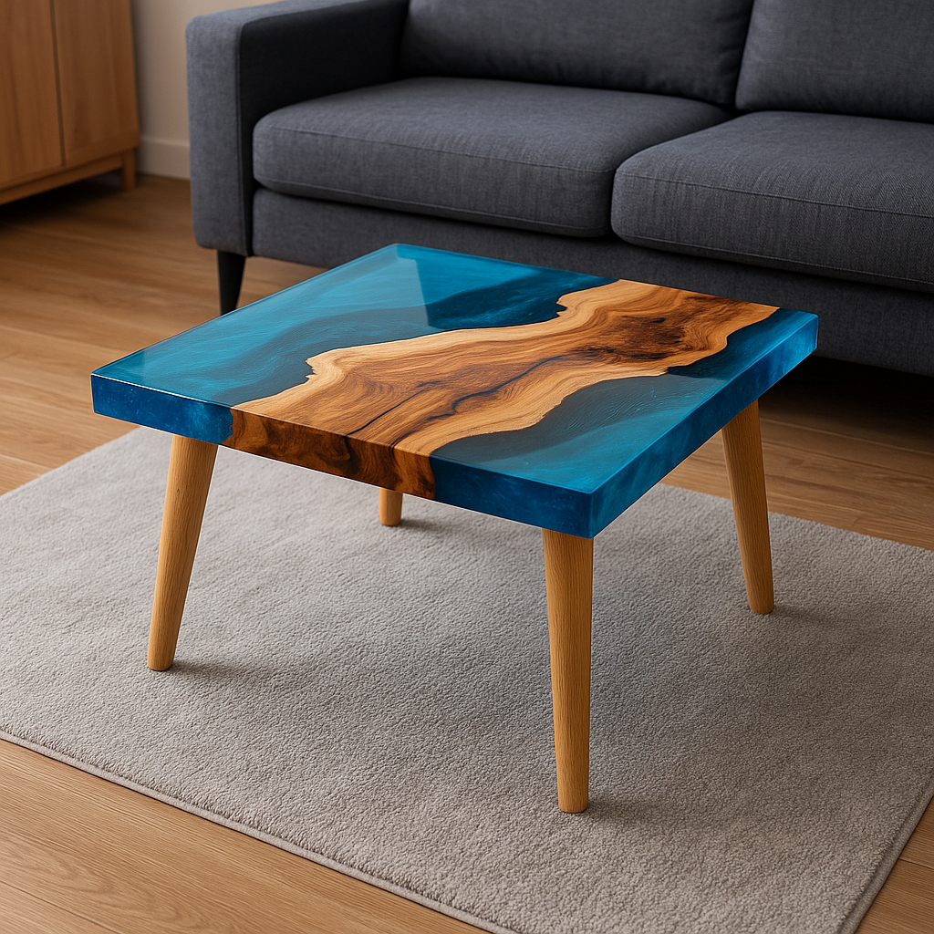 Epoxy resin rectangular coffee table – River Table design, solid wood &amp; resin, handcrafted to measure, modern unique piece for living room
