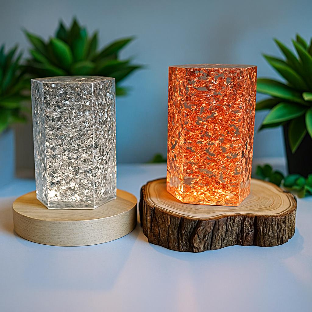 Hexagonal epoxy resin lamp with 24-karat gold – RGB designer light on wood