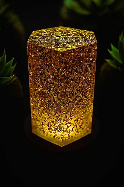 Hexagonal epoxy resin lamp with 24-karat gold – RGB designer light on wood