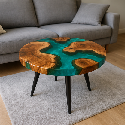 Round epoxy resin coffee table – unique piece with solid wood &amp; resin, handcrafted to measure, designer living room table, round resin table