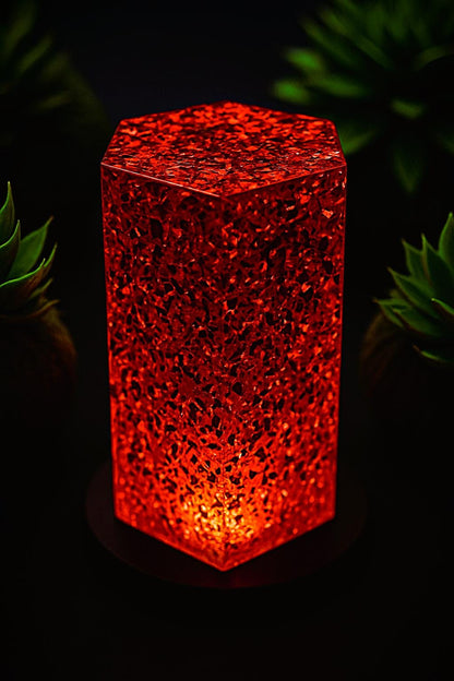 Hexagonal epoxy resin lamp with 24-karat gold – RGB designer light on wood