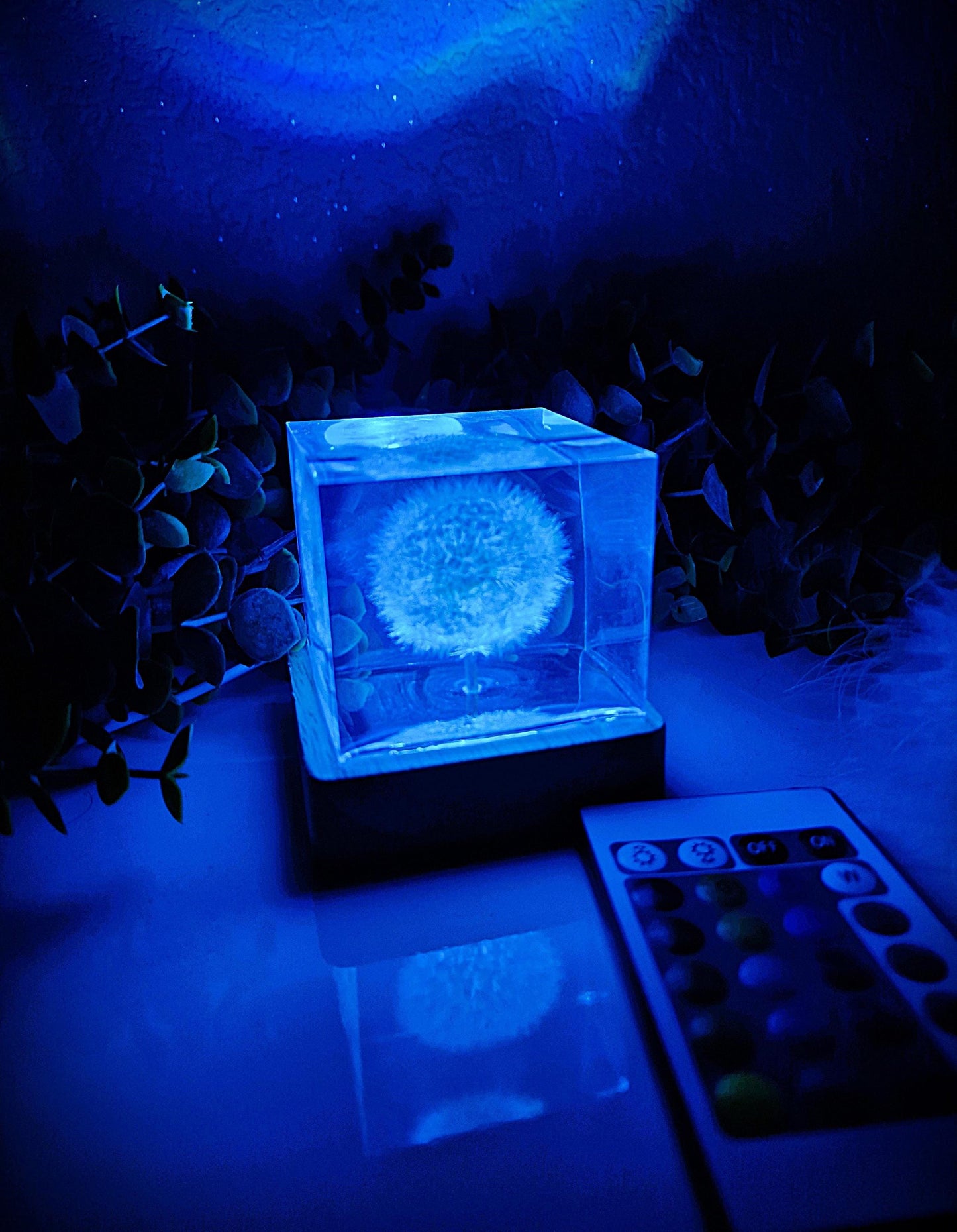 Epoxy resin lamp with real dandelion – RGB night light