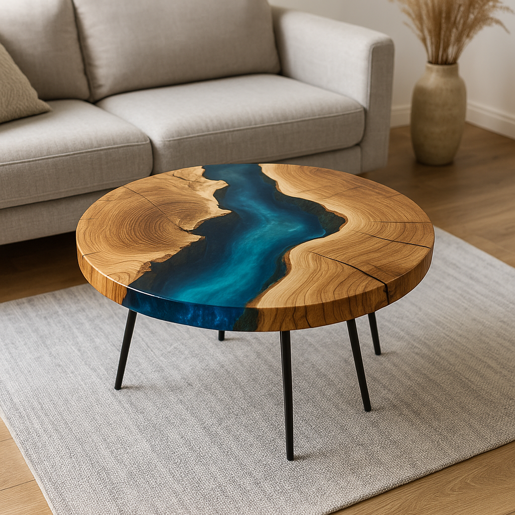 Round epoxy resin coffee table – unique piece with solid wood &amp; resin, handcrafted to measure, designer living room table, round resin table