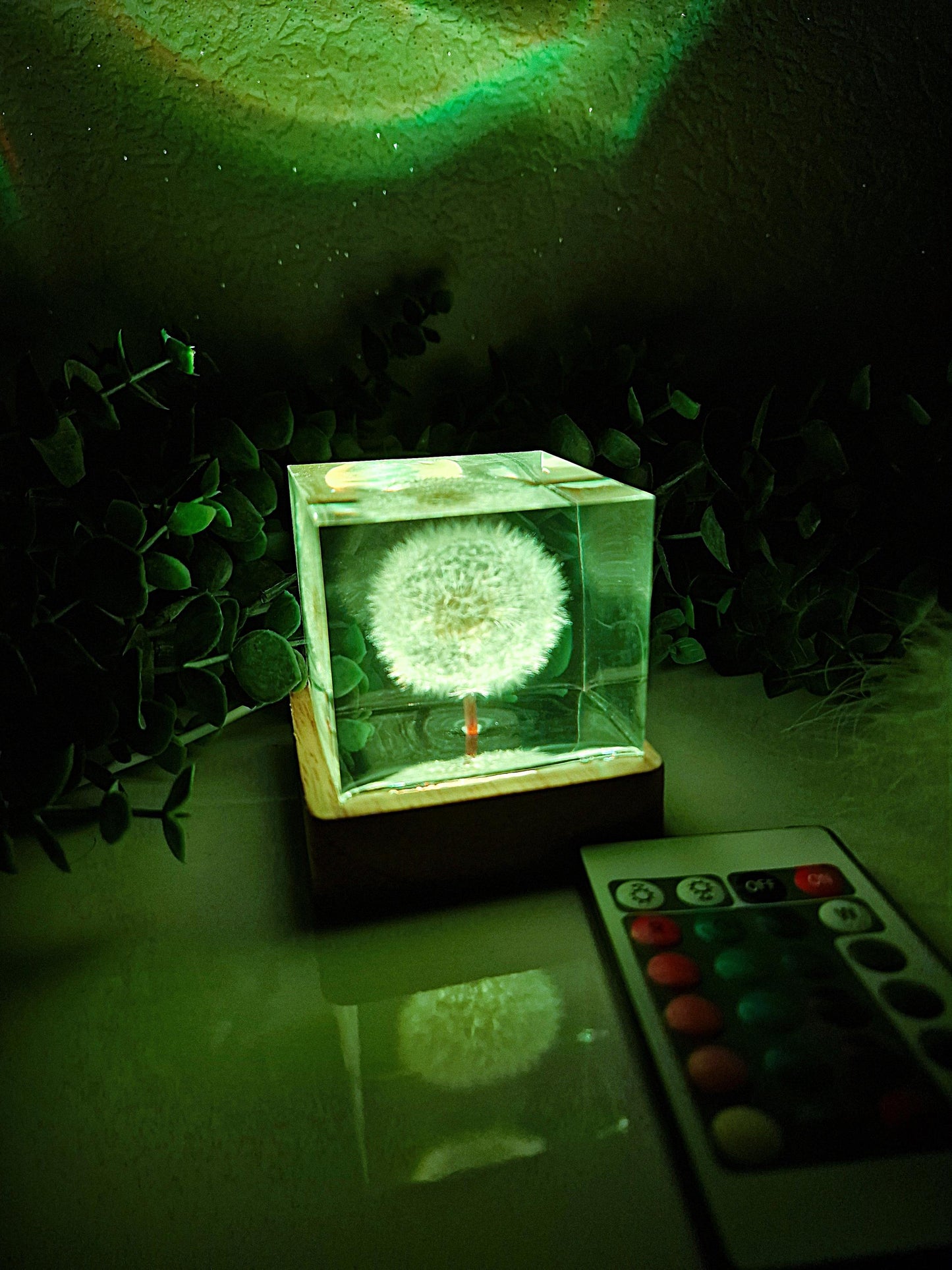 Epoxy resin lamp with real dandelion – RGB night light