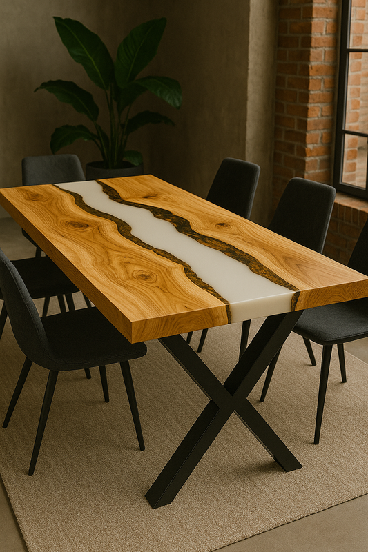 Custom-made epoxy resin dining table made of solid wood