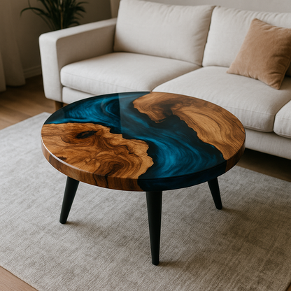 Round epoxy resin coffee table – unique piece with solid wood &amp; resin, handcrafted to measure, designer living room table, round resin table