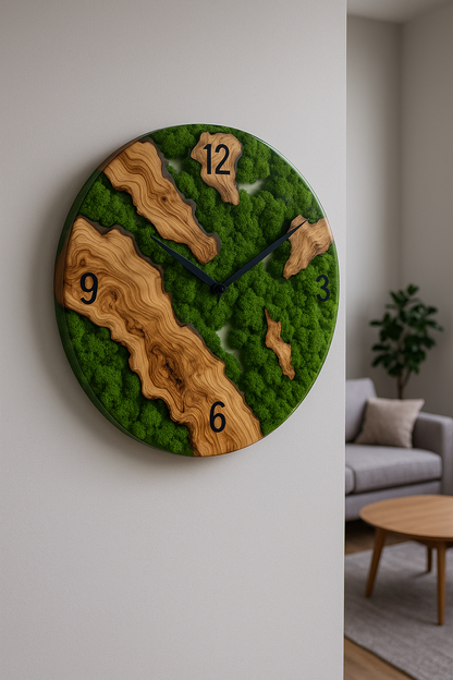 Epoxy resin wall clock – Handmade design made of wood, resin &amp; moss | Customizable in your desired color &amp; shape
