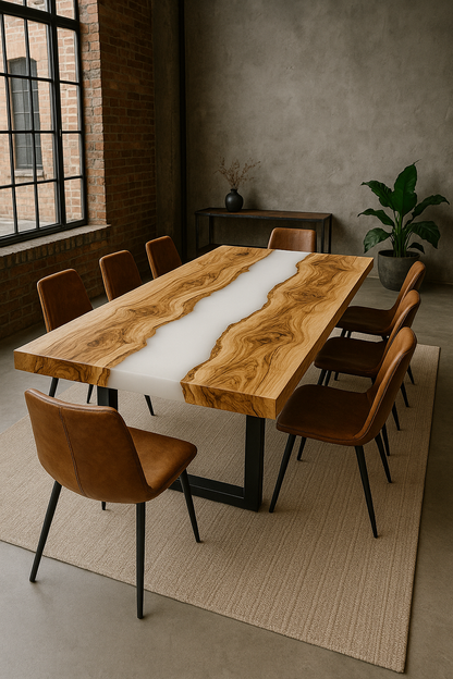 Maßgefertigter Epoxidharz-Esstisch aus Massivholz