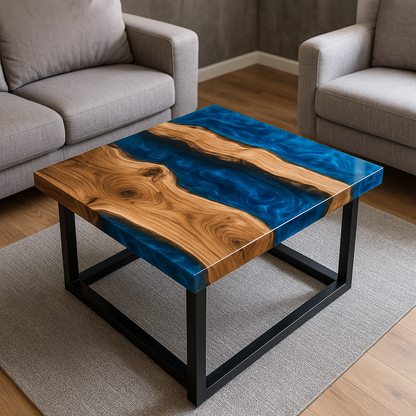 Epoxy resin rectangular coffee table – River Table design, solid wood &amp; resin, handcrafted to measure, modern unique piece for living room