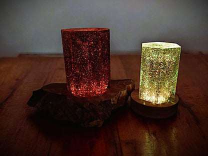 Hexagonal epoxy resin lamp – RGB night light with wooden base | Handmade unique piece