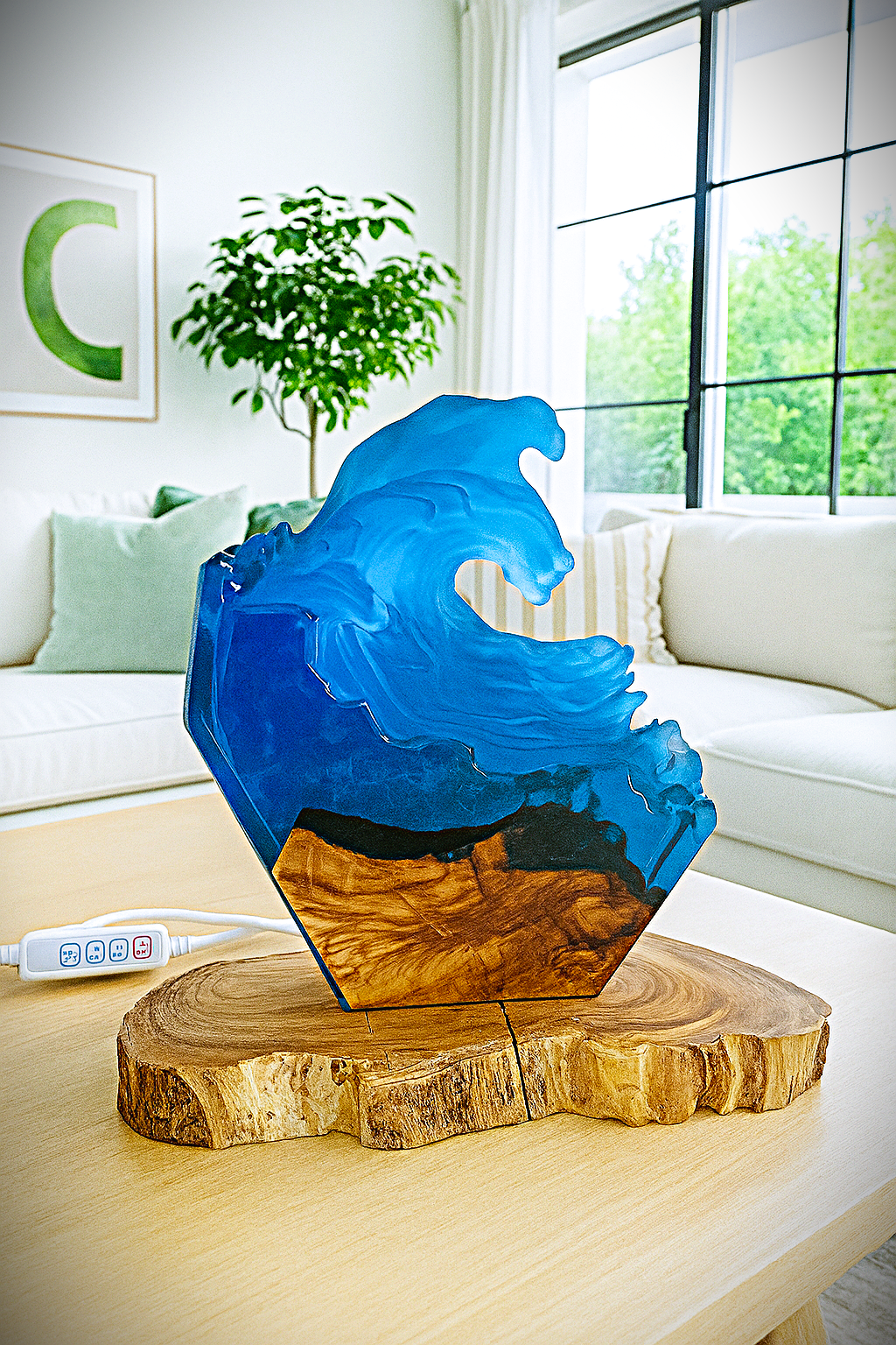 Epoxy resin wave lamp with olive wood design night light ocean look handmade unique piece