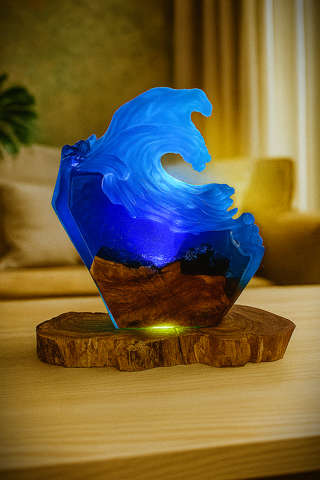 Epoxy resin wave lamp with olive wood design night light ocean look handmade unique piece