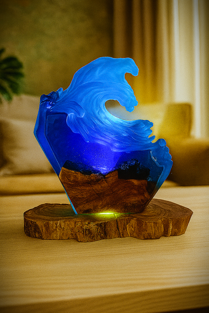 Epoxy resin wave lamp with olive wood design night light ocean look handmade unique piece