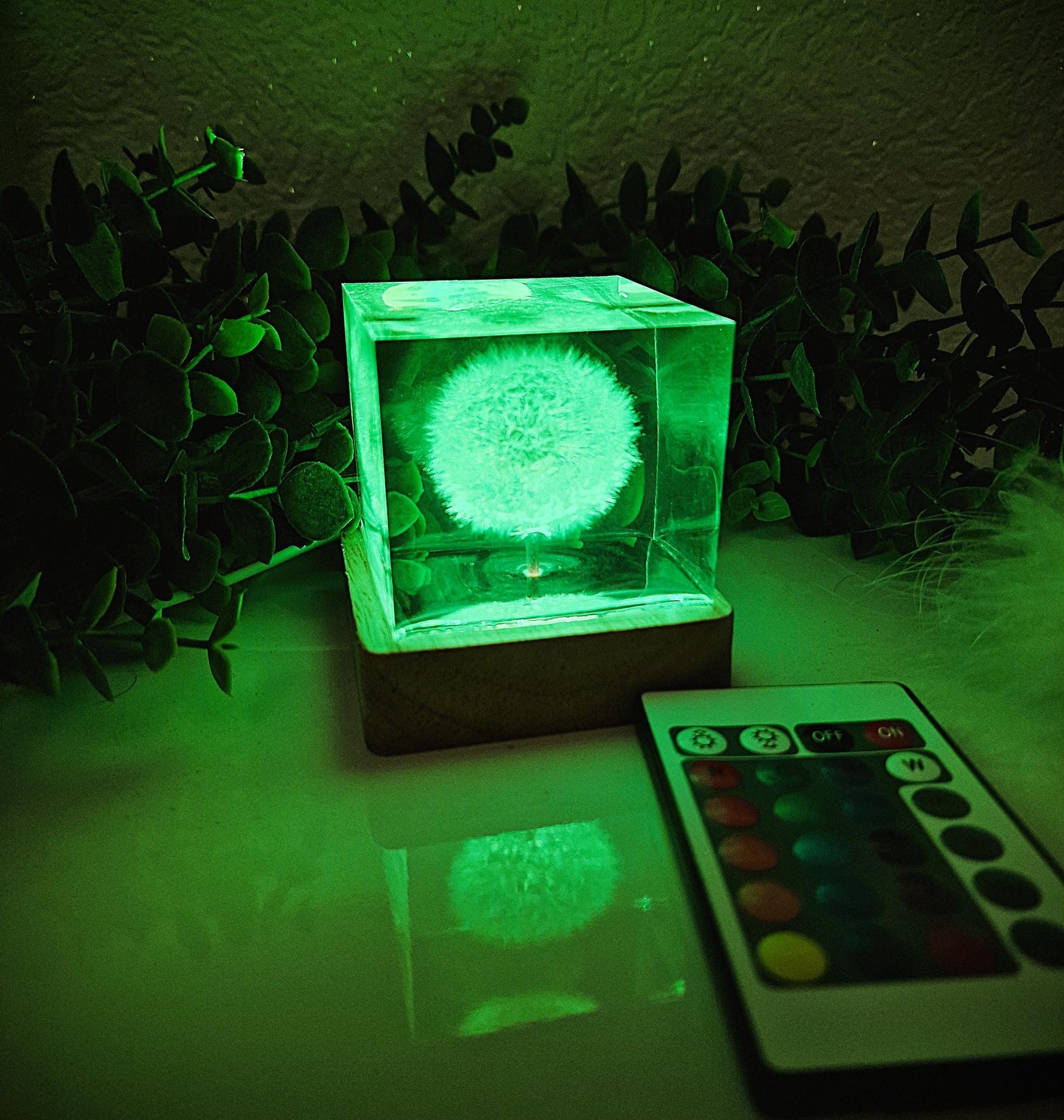 Epoxy resin lamp with real dandelion – RGB night light