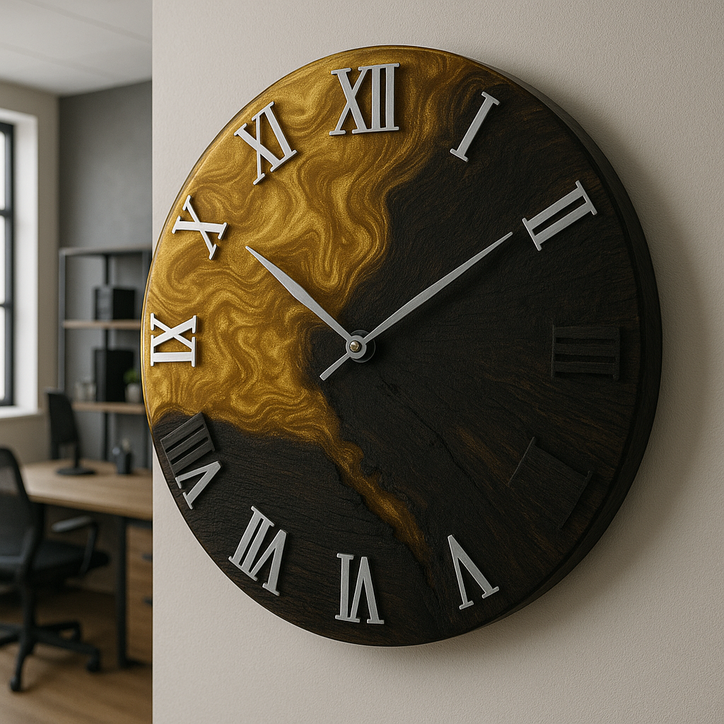 Epoxy resin wall clock – Handmade design made of wood, resin &amp; moss | Customizable in your desired color &amp; shape