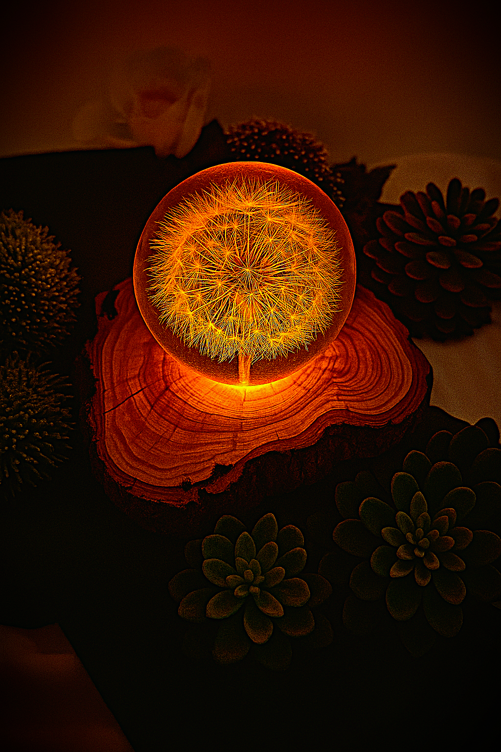 Epoxidharz Lampe mit echter Pusteblume – handgegossen mit Holzsockel