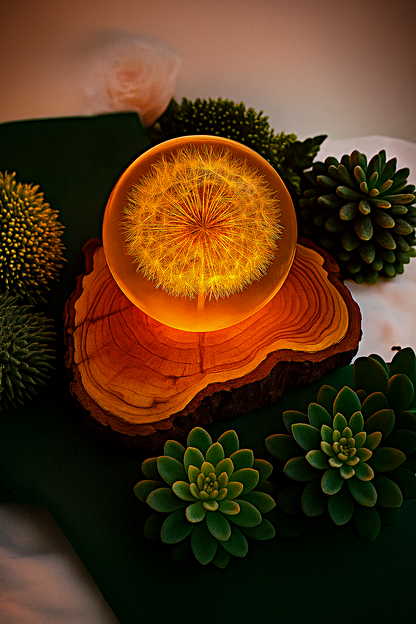 Epoxidharz Lampe mit echter Pusteblume – handgegossen mit Holzsockel