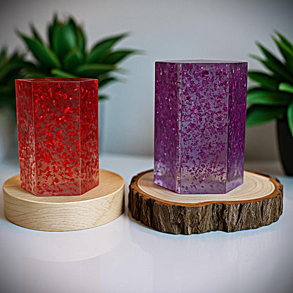 Hexagonal epoxy resin lamp with 24-karat gold – RGB designer light on wood