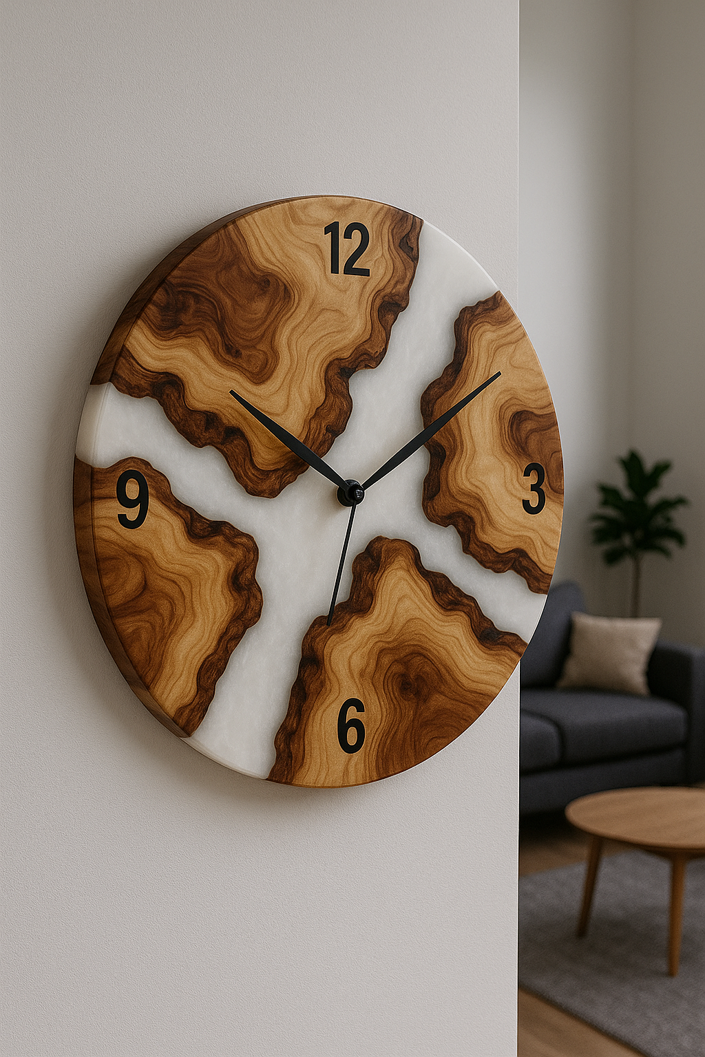 Epoxy resin wall clock – Handmade design made of wood, resin &amp; moss | Customizable in your desired color &amp; shape