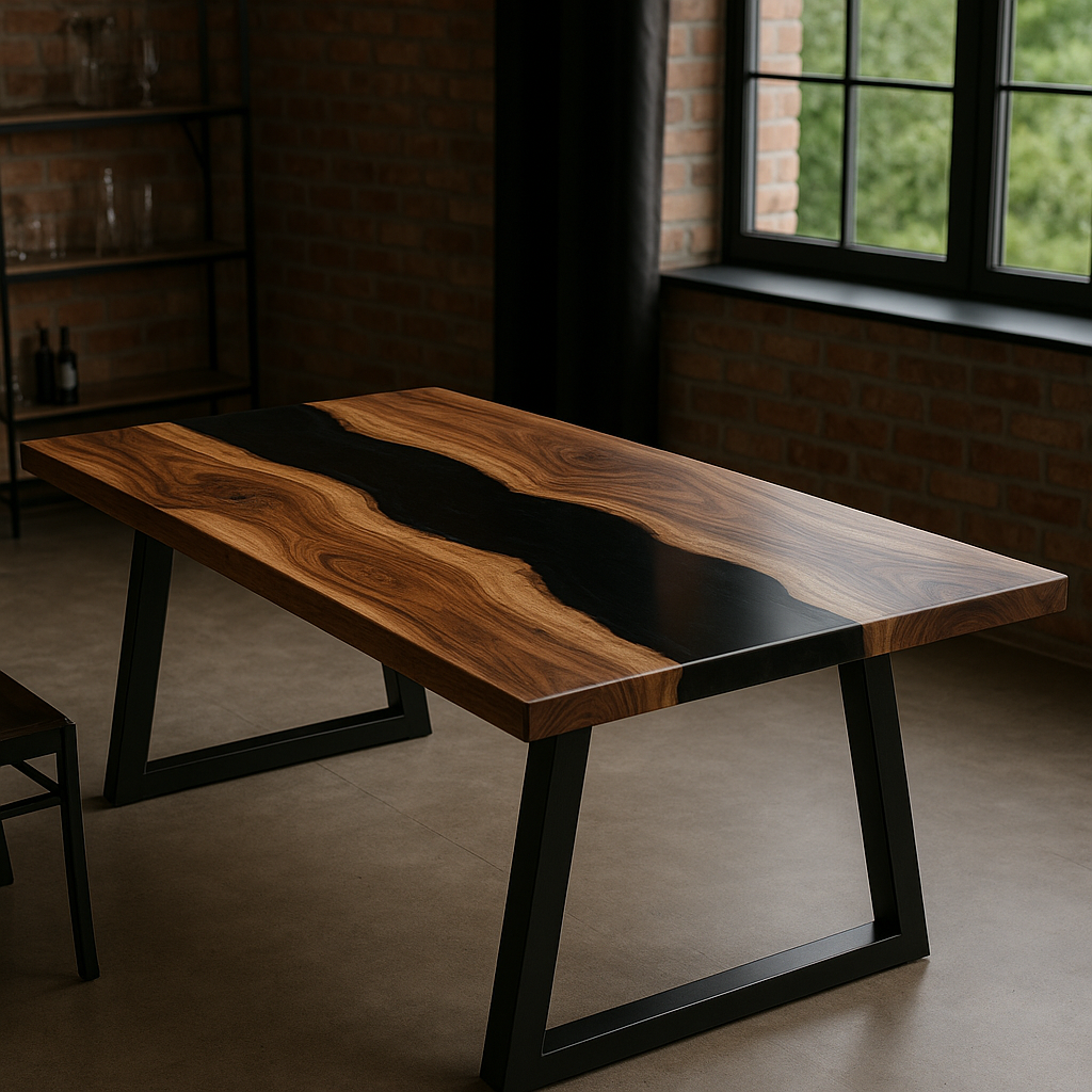 Maßgefertigter Epoxidharz-Esstisch aus Massivholz