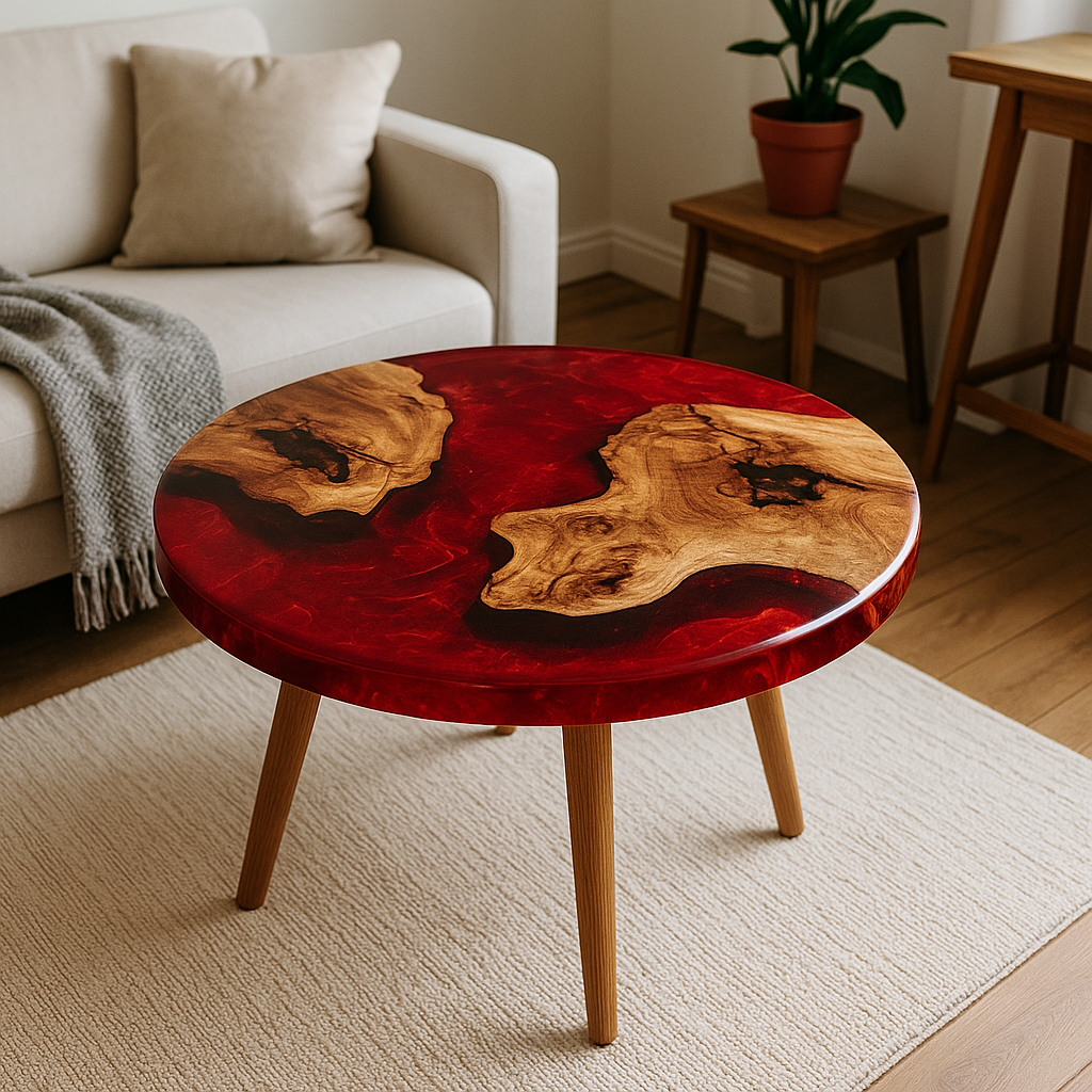 Round epoxy resin coffee table – unique piece with solid wood &amp; resin, handcrafted to measure, designer living room table, round resin table