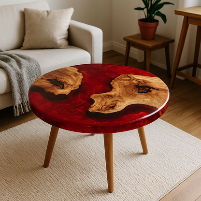 Round epoxy resin coffee table – unique piece with solid wood &amp; resin, handcrafted to measure, designer living room table, round resin table
