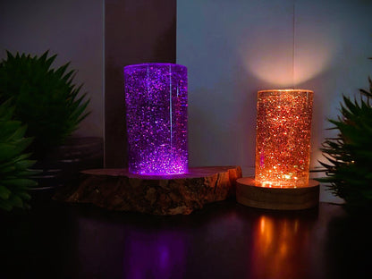 Epoxy resin table lamp with chameleon flakes &amp; RGB LED