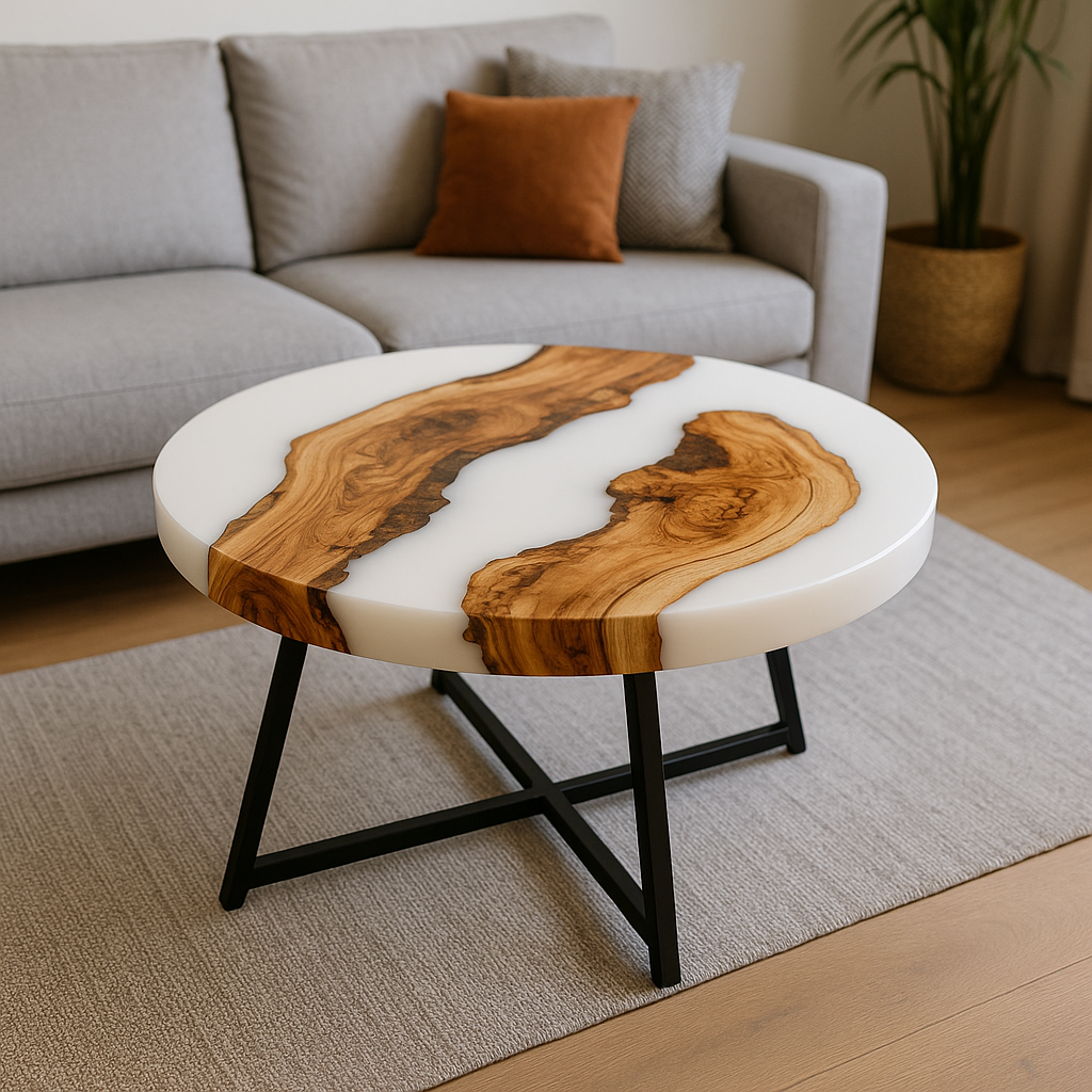 Round epoxy resin coffee table – unique piece with solid wood &amp; resin, handcrafted to measure, designer living room table, round resin table