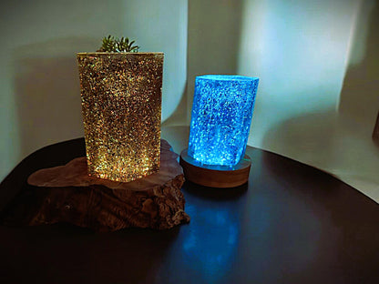 Hexagonal epoxy resin lamp – RGB night light with wooden base | Handmade unique piece