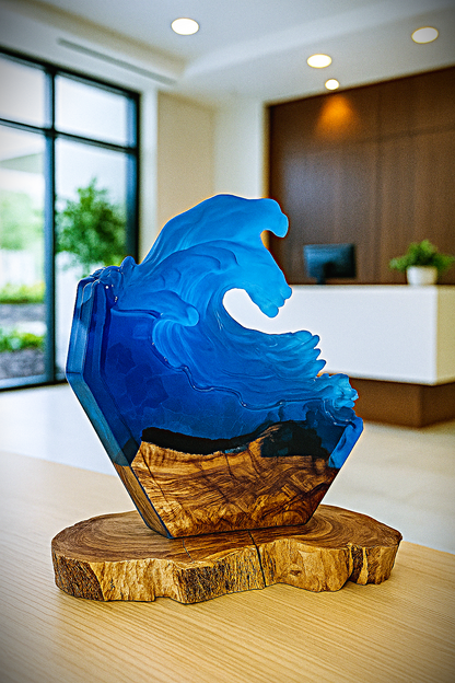 Epoxy resin wave lamp with olive wood design night light ocean look handmade unique piece