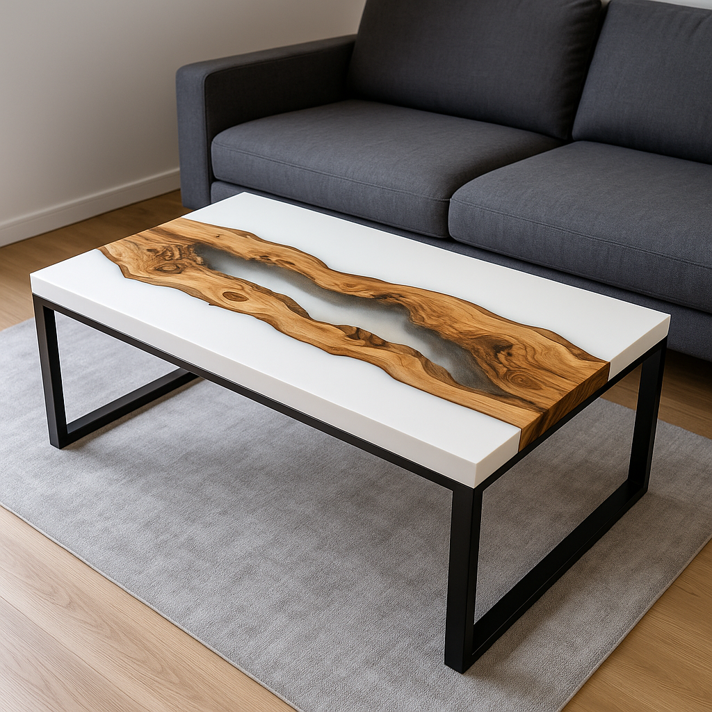 Epoxy resin rectangular coffee table – River Table design, solid wood &amp; resin, handcrafted to measure, modern unique piece for living room