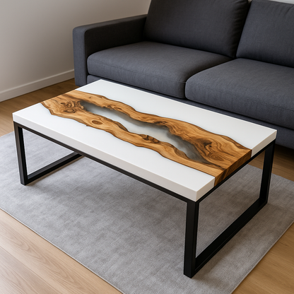 Epoxy resin rectangular coffee table – River Table design, solid wood &amp; resin, handcrafted to measure, modern unique piece for living room