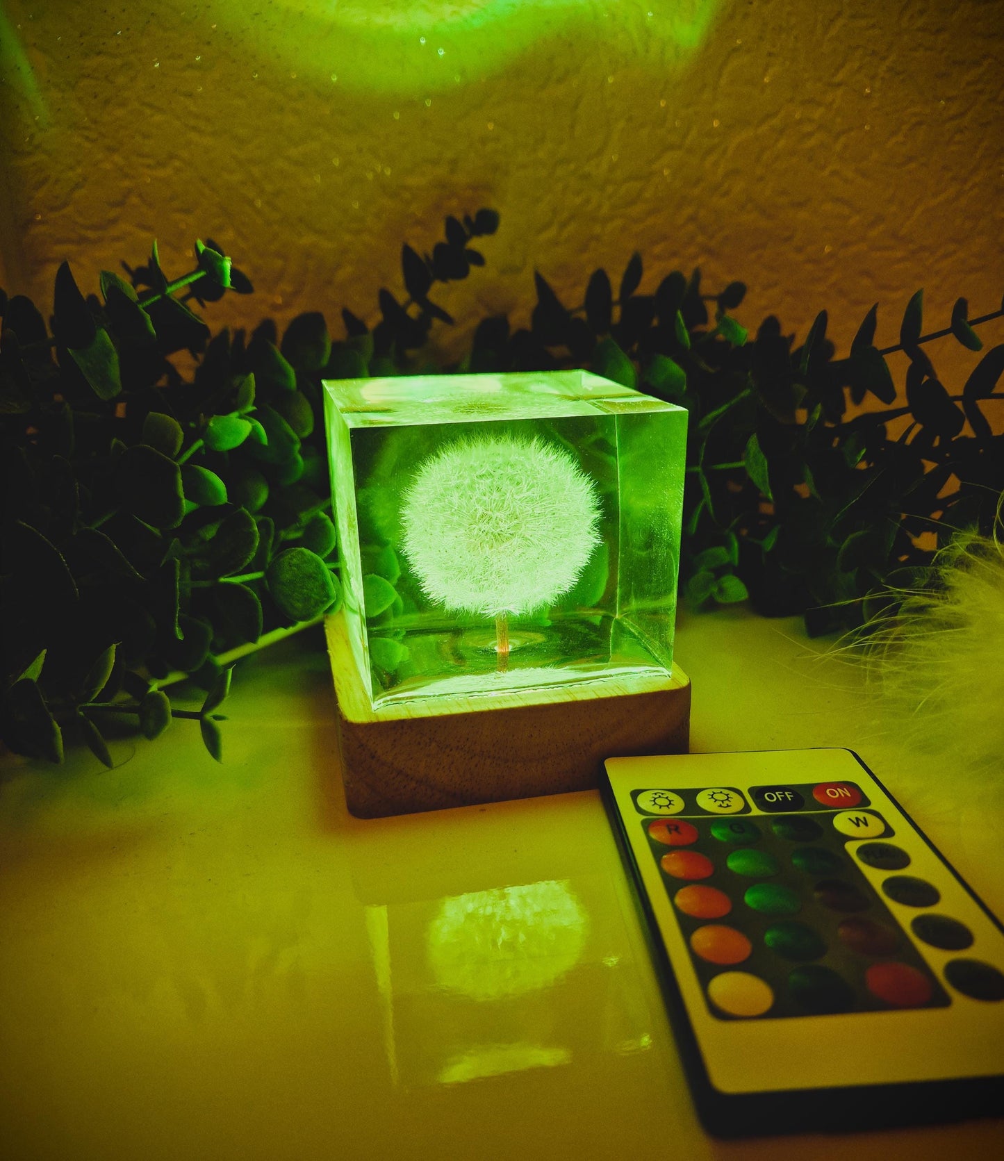 Epoxy resin lamp with real dandelion – RGB night light