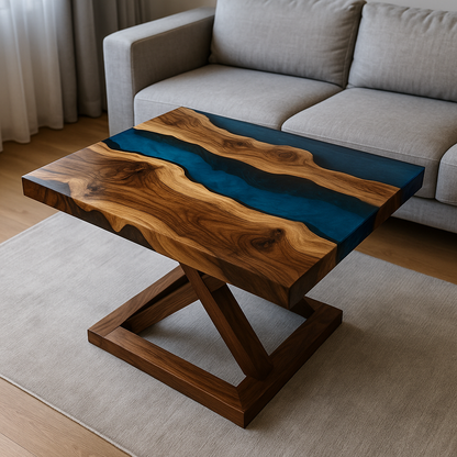 Epoxy resin rectangular coffee table – River Table design, solid wood &amp; resin, handcrafted to measure, modern unique piece for living room