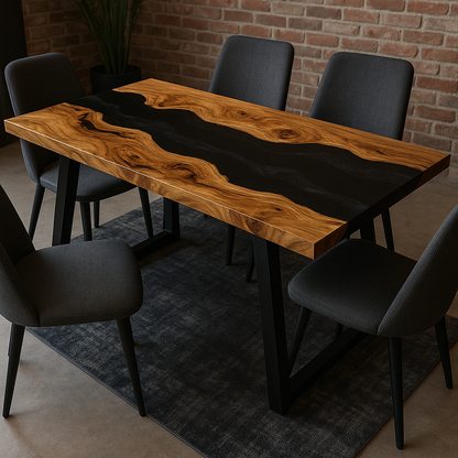 Maßgefertigter Epoxidharz-Esstisch aus Massivholz