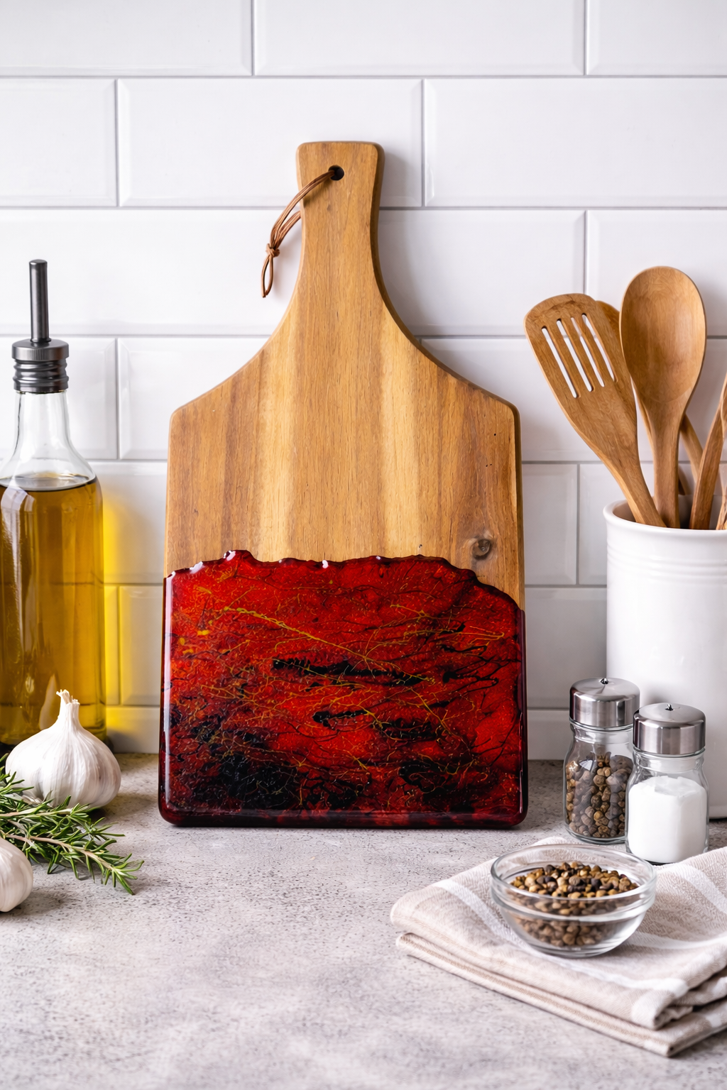 Dark Romance Resin Servierbrett aus Akazienholz | Handgemachtes Schneidebrett | Rot Schwarz Gold | Luxury Home Decor | Geschenkidee | Unikat