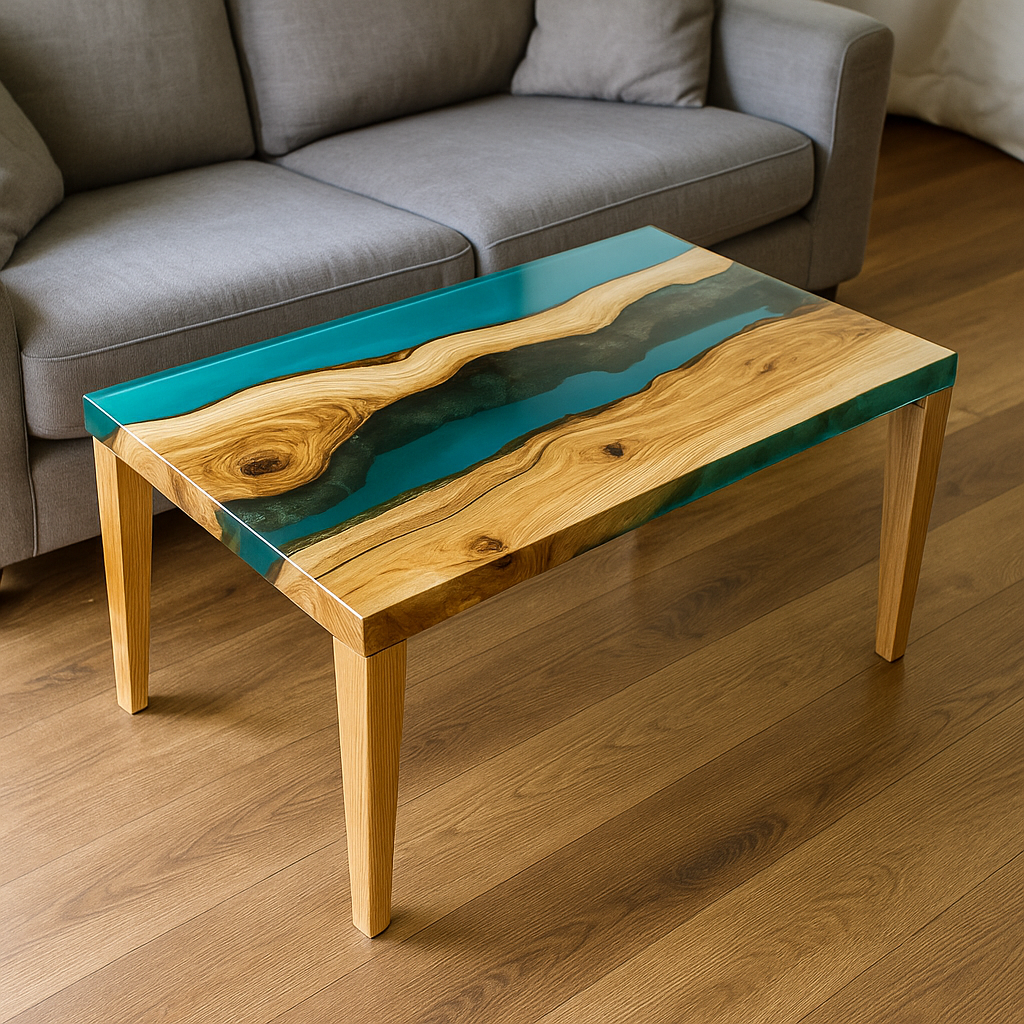 Epoxy resin rectangular coffee table – River Table design, solid wood &amp; resin, handcrafted to measure, modern unique piece for living room