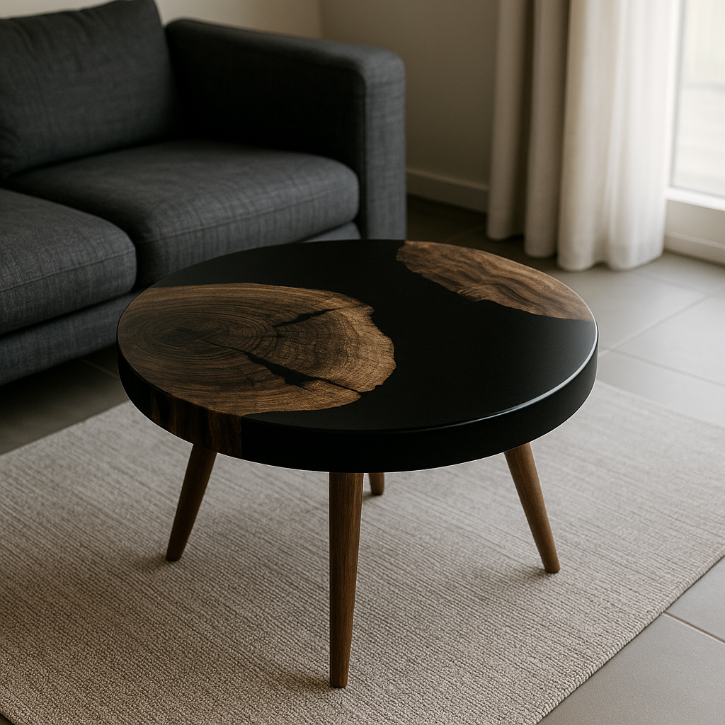 Round epoxy resin coffee table – unique piece with solid wood &amp; resin, handcrafted to measure, designer living room table, round resin table