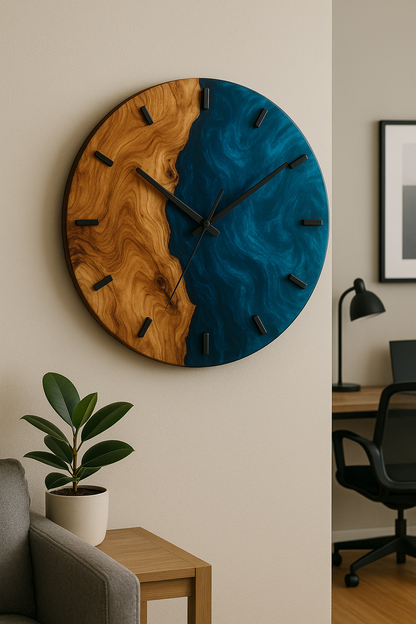 Epoxy resin wall clock – Handmade design made of wood, resin &amp; moss | Customizable in your desired color &amp; shape